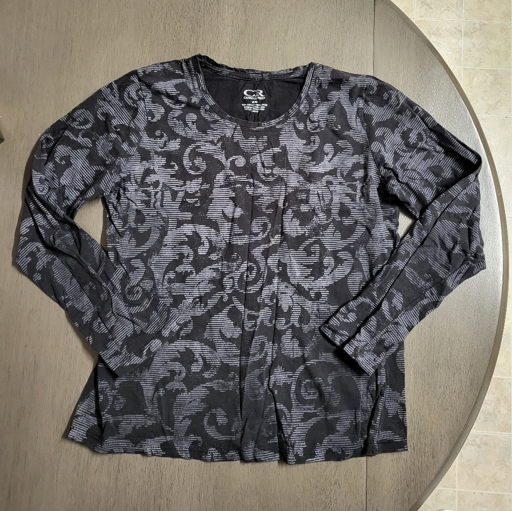 Women's Long Sleeve Patterned Top - Black and Gray, Medium Petite, CARROLL REED